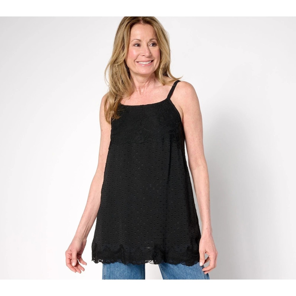 LOGO by Lori Goldstein Woven Clip Dot Tank with Lace Trim Black,S #530L